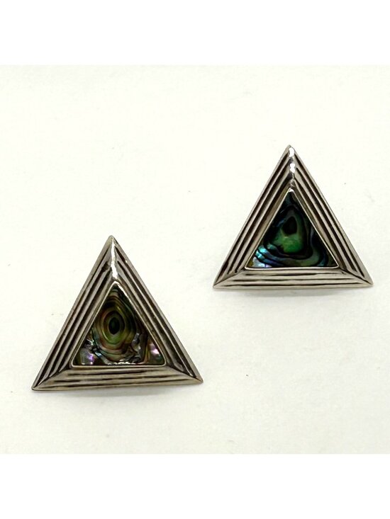 Estate Jewelry - Stainless Steel Stud Earrings Abalone Triangle Geometric 1980s Irridesent
